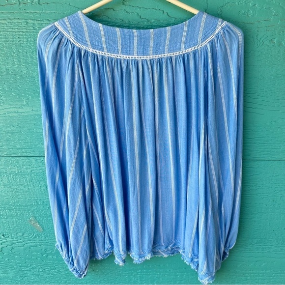 FREE PEOPLE BOHO FLOWY SKY BLUE AND WHITE STRIPED BALLOON SLEEVES TOP SI… - Picture 5 of 10